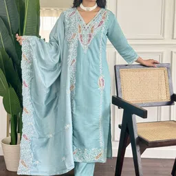 BAESD Women Ethnic Motifs Embroidered Regular Thread Work Chanderi Silk Kurta with Trousers & With Dupatta-picture-21