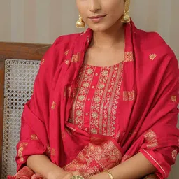 House of Pataudi Floral Yoke Design Round Neck Straight Kurta Trousers With Dupatta image 3