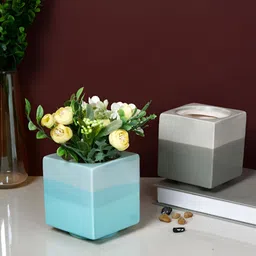 TAYHAA Blue & Grey 2 Pieces Color-blocked Gradient Square Ceramic Planters-picture-48