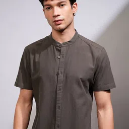 HIGHLANDER Men Band Collar Solid Cotton Casual Shirt-picture-29