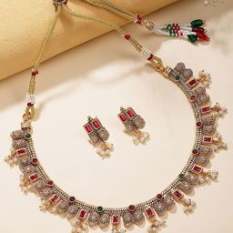 KARATCART Gold-Plated Stones Studded & Beaded Floral Design Temple Jewellery Set-picture-15