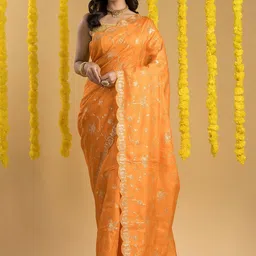 Silk Petalss Floral Embroidered Silk Blend Heavy Work Core Saree image 4