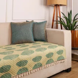 STITCHNEST Green & Beige Leaf Printed Velvet Straight 3 Seater Sofa Cover-picture-22