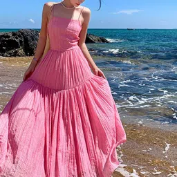 KPOP Women Solid Shoulder Straps Fit and Flare Maxi Dress-picture-14