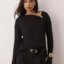 Trendyol Siyah Women Ribbed Boat Neck Pullover-image-3
