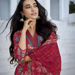 SINSINI Women Floral Printed Cotton A-Line Kurta with Palazzos & Dupatta image 5