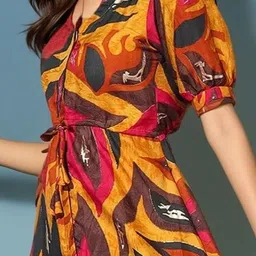 FIXOCRA Women Abstract Printed Shirt Collar Puff Sleeve Belted Tiered Shirt Dress image 2