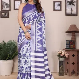 Snofi Creation Women Zari Pure Linen Block Print Saree-image-42