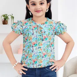 Lei-Chie Girls Floral Print Tie-Up Neck Puff Sleeve Georgette Top-image-25