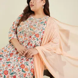 Janasya Women Plus Size Floral Printed Pure Cotton Kurta with Trouser & Dupatta-picture-47