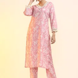 Jaipur Kurti Women Floral Printed Regular Gotta Patti Linen Kurta with Trousers-image-42