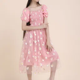 FIXOCRA Floral Print Puff Sleeve Net Fit & Flare Midi Dress image 2