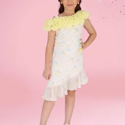 CUTECUMBER Girls Floral Printed Ruffles Asymmetric Neck Chiffon Sheath Dress-picture-14