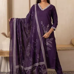 SHIVARA Ethnic Motifs Embroidered Thread Work Pure Cotton Kurta With Trousers & Dupatta-picture-34