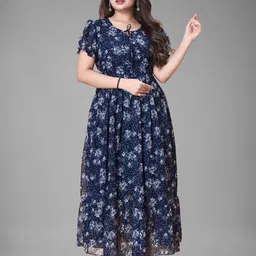 QENA Floral Printed Tie-Up Neck Puff Sleeve Georgette Fit & Flare Maxi Dress image 5
