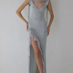 bebe Women Ruched Detached Scarf Bodycon Maxi Dress With A HIgh Slit On One Side-picture-15