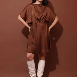 PURVAJA Cowl Neck Kimono Sleeve Satin Fit & Flare Mini Dress-picture-35