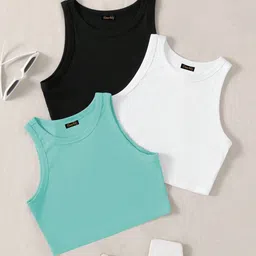 TOOCHKI Pack Of 3 Ribbed Round Neck Sleeveless Crop Tank Tops-picture-25