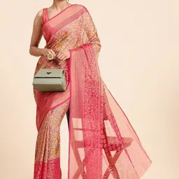 GHAN SALS Paisley Printed Brasso Baluchari Saree With Blouse Piece image 4
