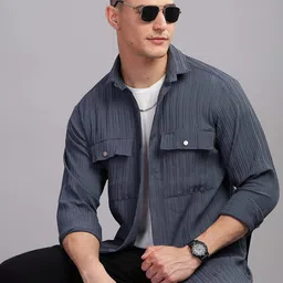 7TH LEGION Smart Textured Striped Spread Collar Double Pocket Casual Shirt-image-27