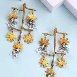ZENEME Gold Plated Floral Shaped Pearls Beaded Oxidised Earrings-picture-11