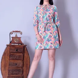 HERE&NOW Women Floral Printed Tie-Up Neck Mini Dress-picture-24