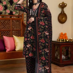 Pannkh Floral Printed V-Neck Pure Cotton Straight Kurta With Trousers & Dupatta-image-42
