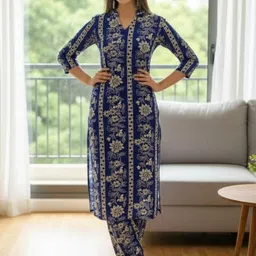 Dhibha Floral Printed Mandarin Collar Straight Kurta With Trouser-image-56