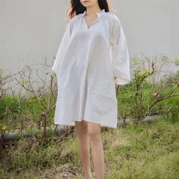 House of Harakh Women Striped Puff Sleeve Cotton A-Line Dress-picture-30