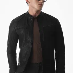 Jack & Jones Mandarin Collar Long Sleeves Leather Open Front Jacket image 4