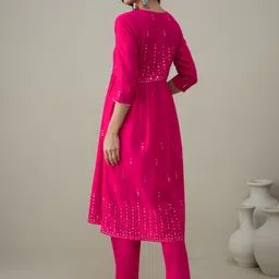 House of Pataudi Embroidered Mirror Work Notch Neck Pure Cotton A-Line Kurta With Trouser image 4