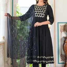 IKRASS Women Woven Design Embroidered Cotton Kurta with Trousers & Dupatta-picture-31