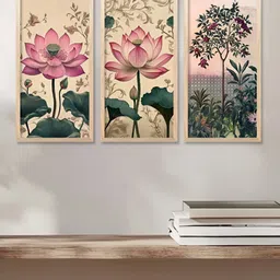 WALLLANE Beige & Green 3 Pieces Floral and Botanical Wooden Wall Paintings-image-47