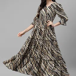 Krunal Raiyani Striped V-Neck Tiered Crepe Fit & Flare Maxi Dress-image-24