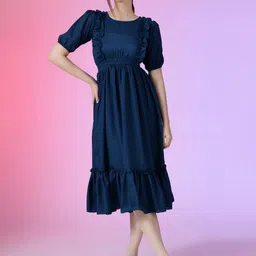 Jash Creation Puff Sleeve Applique Fit & Flare Dress-picture-22