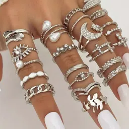 Jewels Galaxy Set Of 23 Silver-Plated Stone Studded Finger Ring-image-94