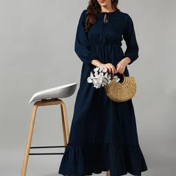 Femvy Tie-Up Neck Gathered or Pleated Casual A-Line Maxi Dress-image-83