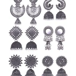 MEENAZ Set Of 6 Silver Plated Oxidised Dome Shaped Jhumkas-image-92