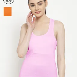 Friskers Women Pack of 2 Orange & Pink Cotton Ribbed Camisoles-image-43