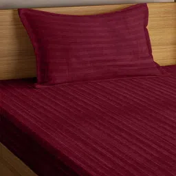 WEAVE AND DECOR Maroon Striped 300 TC Single Bedsheet with 1 Pillow Covers image 3