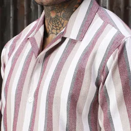 High Star Men Classic Cuban Collar Vertical Striped Cotton Relaxed Fit Casual Shirt image 5