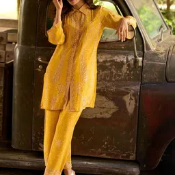 Anouk Women Mustard Crepe Silk Blend Printed Stone Embellished Co-ords image 4