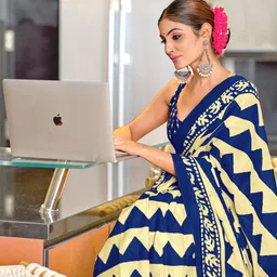 Moda Rapido Women Pure Cotton Designer Block Print Saree With Blouse Piece image 2