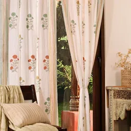 Peepul Tree Teal & Off White Set of 2 Floral Door Curtain image 1