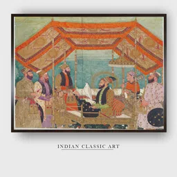 INDIAN CLASSIC ART Orange Darbar Scene Canvas Wall Art Painting-image-1