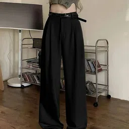 Kotty Women Cotton Basics Straight Fit High-Rise Pleated Formal Trousers image 2