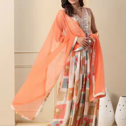 AARAAS Floral Printed and Embroidered Silk Maxi Ethnic Dress With Dupatta image 3