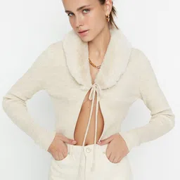 Trendyol Ribbed Shawl Collar Crop Front-Open Sweater-image-96