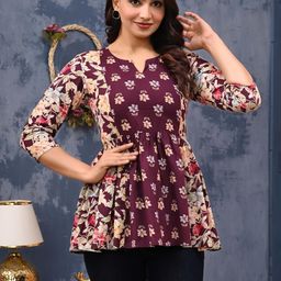 label adrija Pure Cotton Round Neck Floral Printed Anarkali Short Kurti for Women's Flared Hem-picture-27