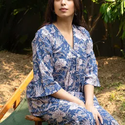 KALAMIR Floral Printed Pure Cotton V-Neck Top With Trousers Co-Ords image 3